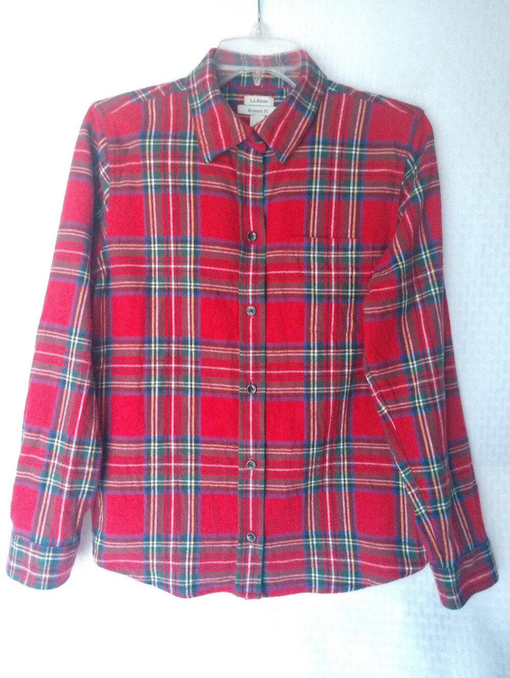 Women's Flannel Shirt LL BEAN Relaxed Fit Red Green Blue Plaid Size Small Petite